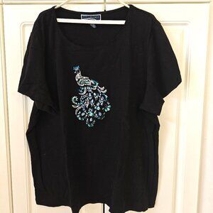 Karen Scott Black Peacock Tee Shirt, Size 2X